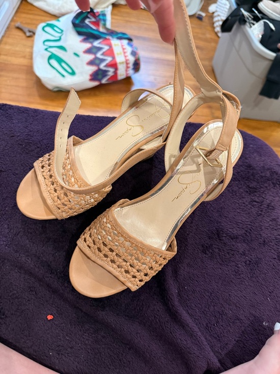 Jessica Simpson Shoes - Jessica Simpson Tan Woven Block Heel Slingbacks